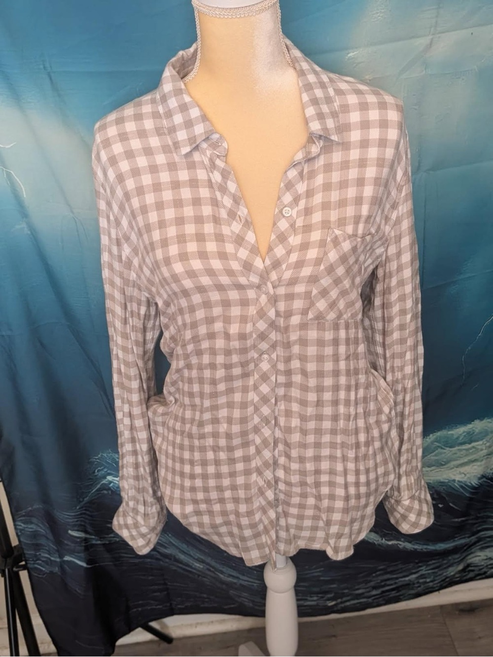 Rails Tan and White Gingham Button-Down Shirt